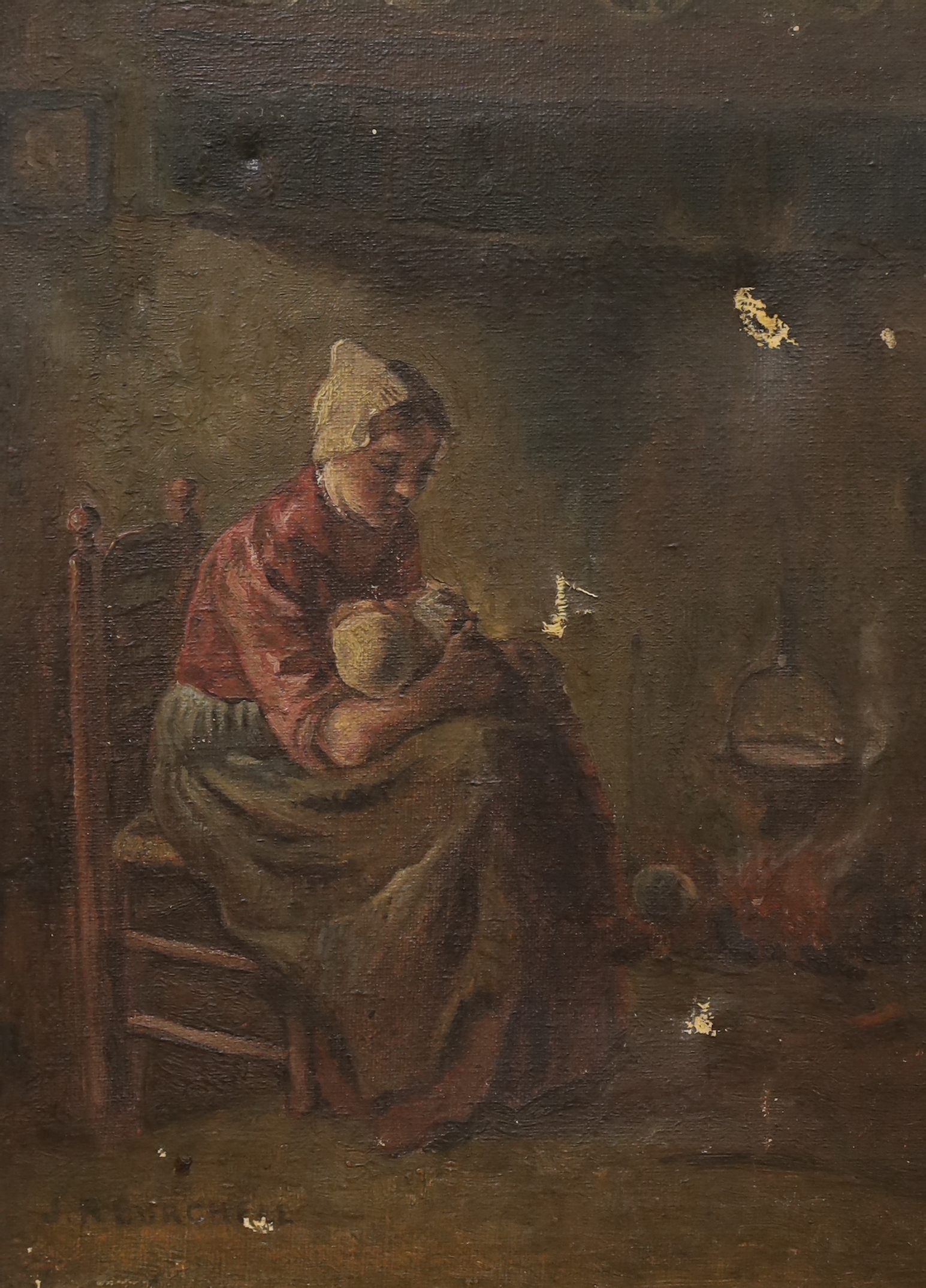 J R Burchell, oil on canvas, Interior scene with young mother cradling her baby, unframed (a.f.) and Modern British School, oil on canvas, Still life of Chrysanthemums in a blue vase, largest 23 x 18cm